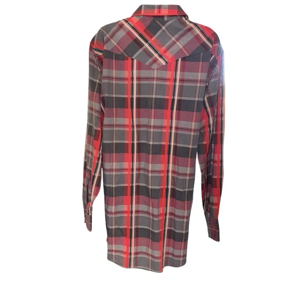 Wrangler Men’s Cowboy Cut Western Shirt Red Gray Plaid X-Long Tails 16.5x36